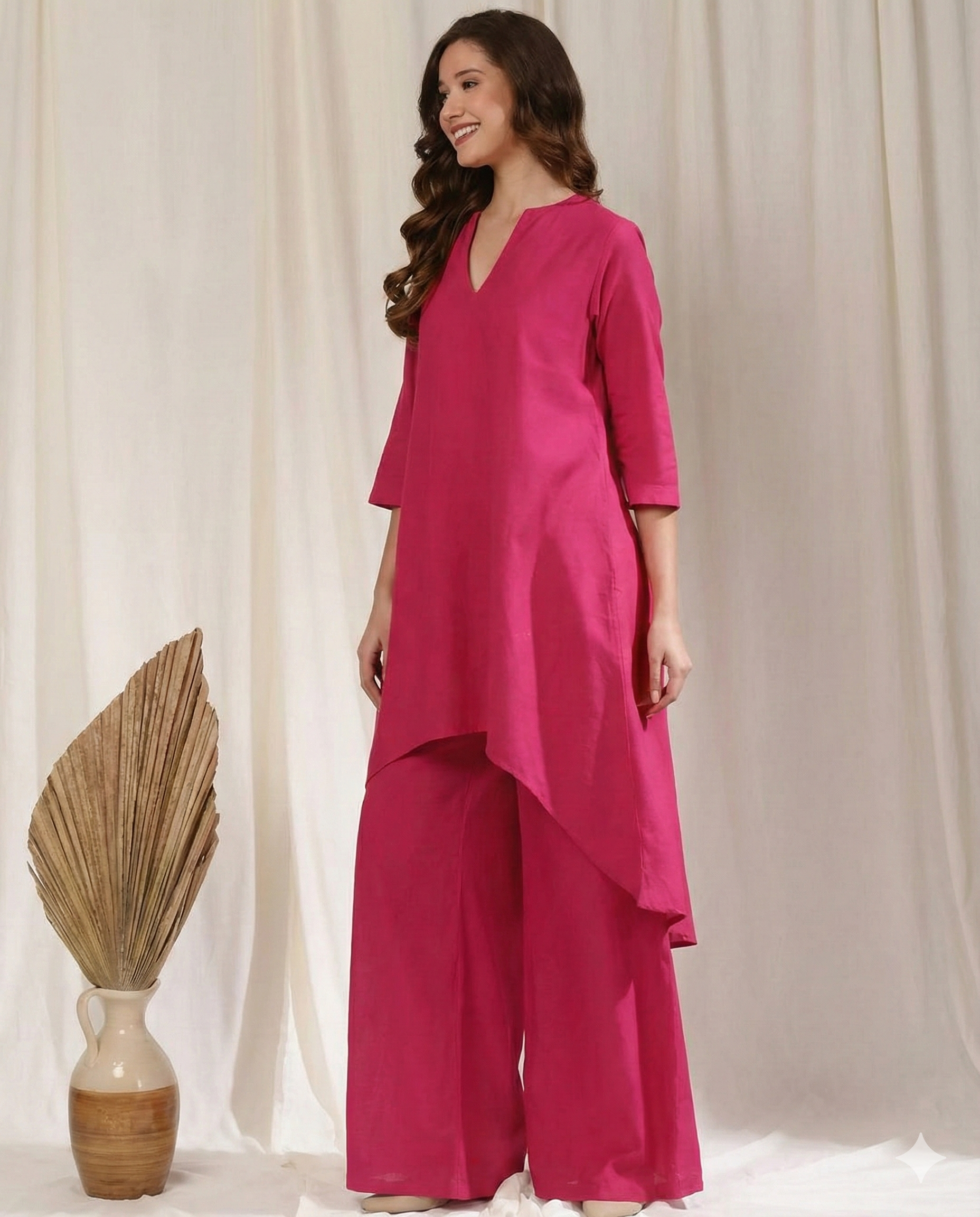 Slub Cotton High-Low Kurta Set With Flared Palazzo