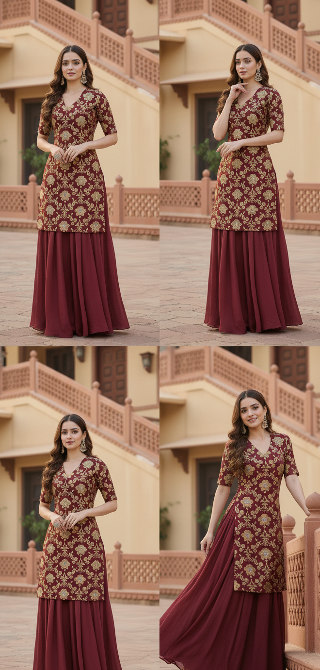 Maroon Zari BANARASI BROCADE Short Kurti with Flared Sharara Set