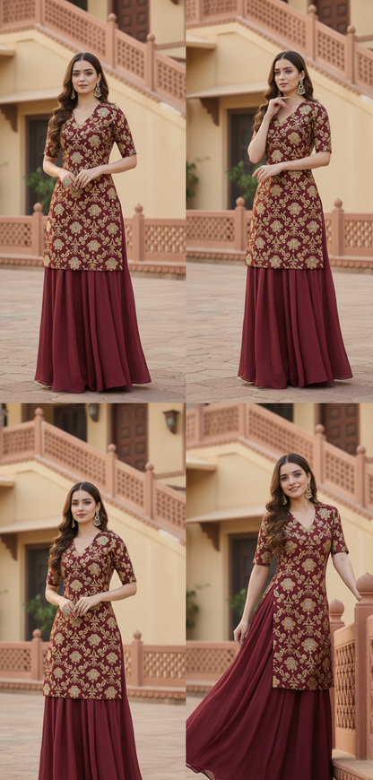 Maroon Zari BANARASI BROCADE Short Kurti with Flared Sharara Set