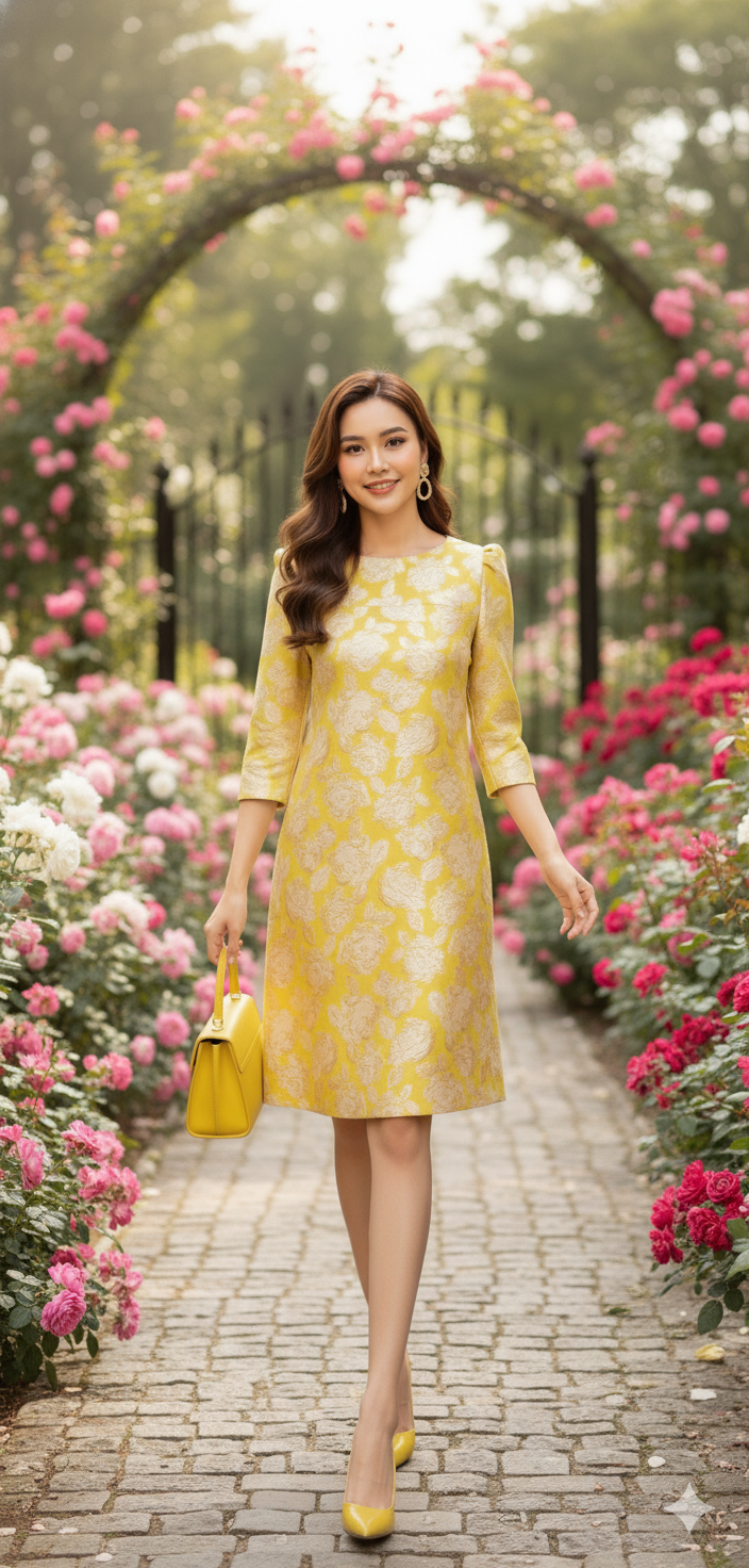 Golden Bloom Brocade A-Line Mini Dress