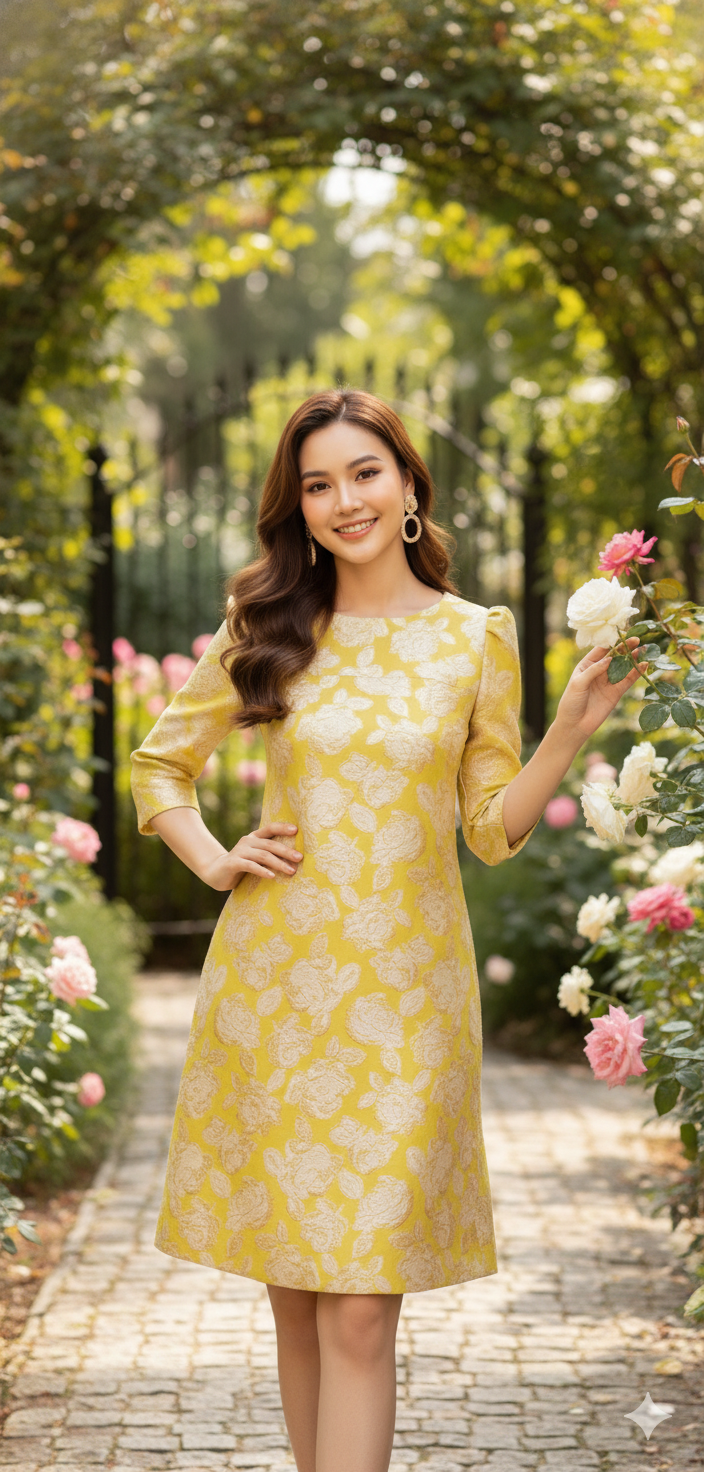 Golden Bloom Brocade A-Line Mini Dress