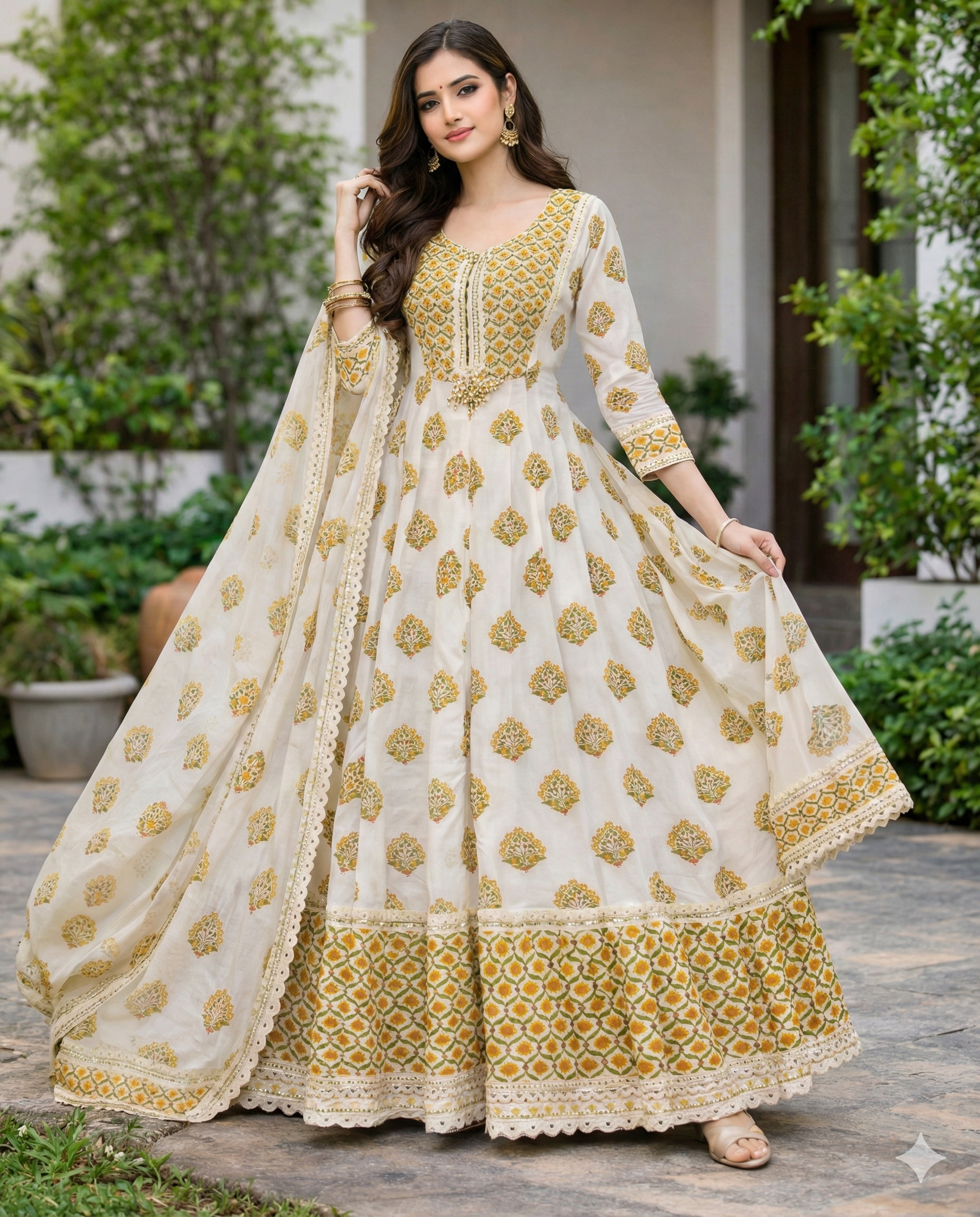 Block Print Anarkali Kurti Set With Pants & Dupatta