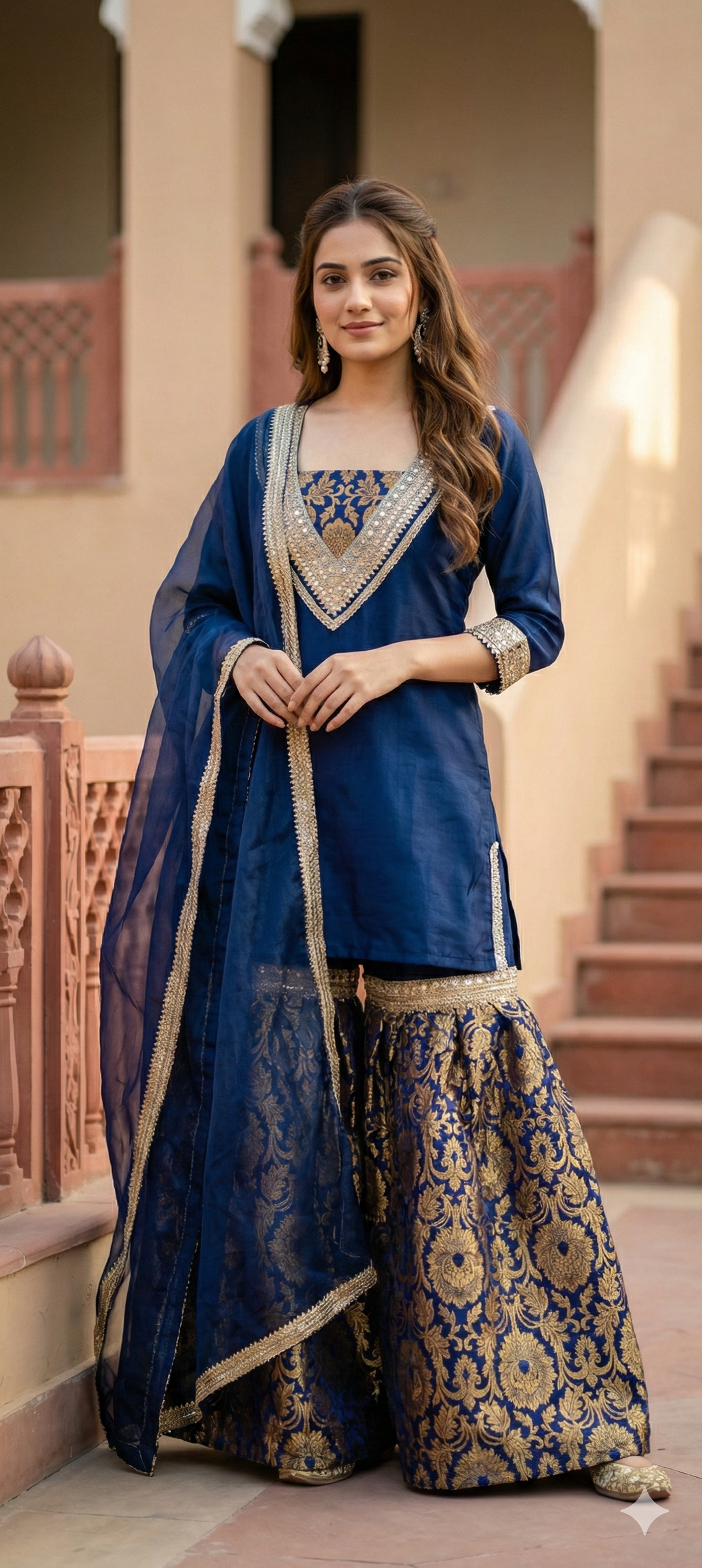 Embroidered  Kurti & Brocade Sharara Set with  Dupatta