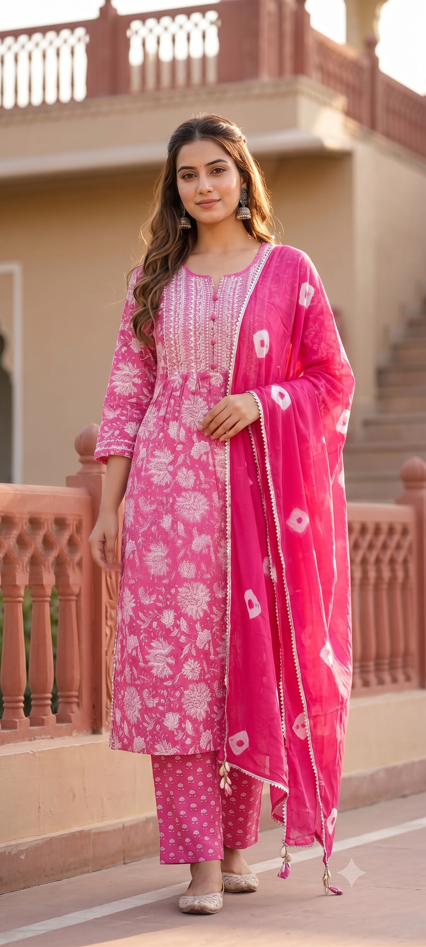 Indiva Fuchsia Pink Floral Printed Kurti Set with Bandhani Dupatta