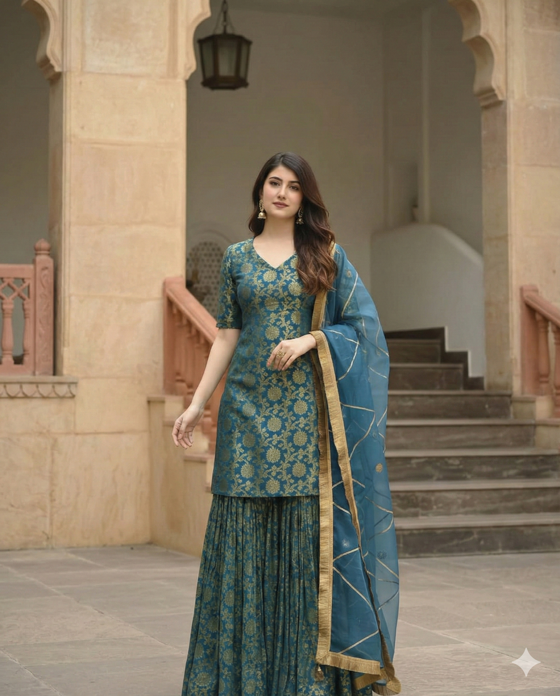 Teal Blue Brocade Sharara Set with Zari Woven Dupatta