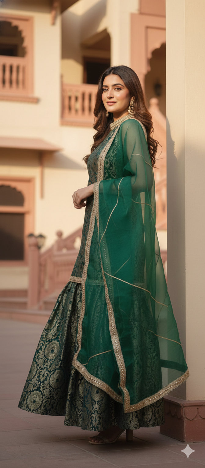 The Emerald Mughal-Print Banarasi Brocade Sharara Set