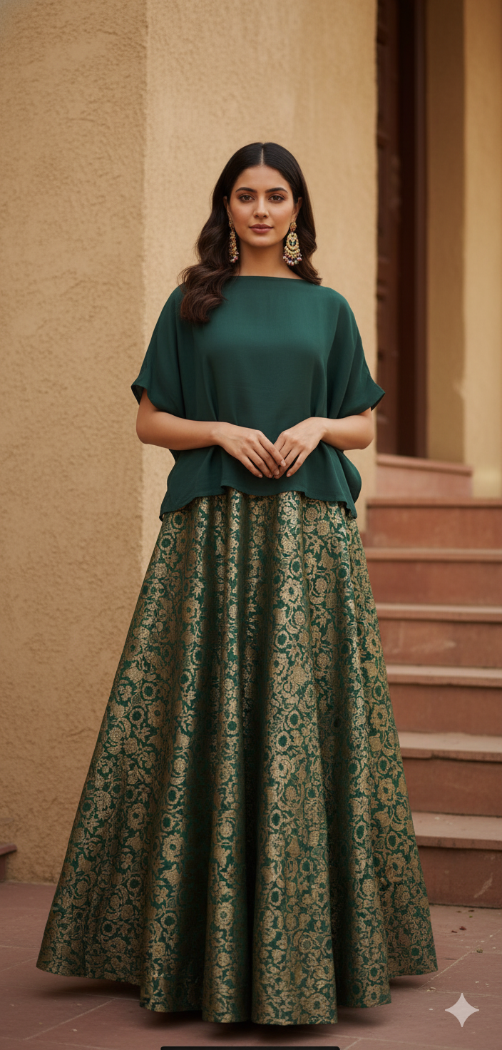 Black And Green Knit Top & Regal Gold Brocade Lehenga Skirt