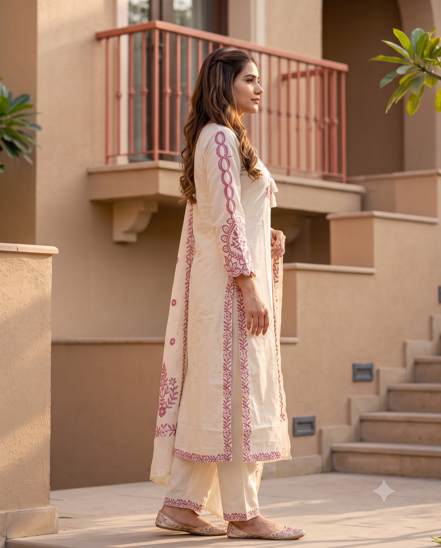 Ivory Cotton Kurta Set with Intricate Magenta Floral Embroidery (3-Piece Set)