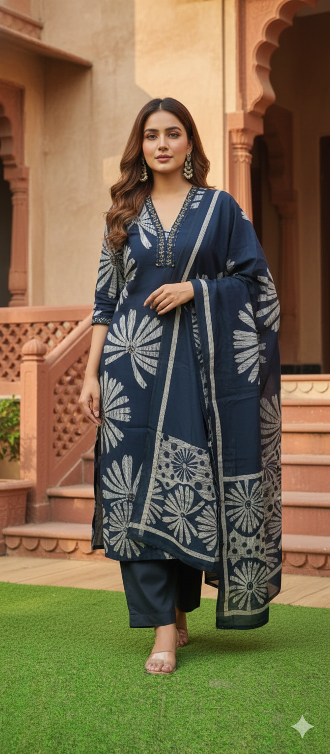 Hand-Block Printed Kurta Set with Kota Doria Dupatta