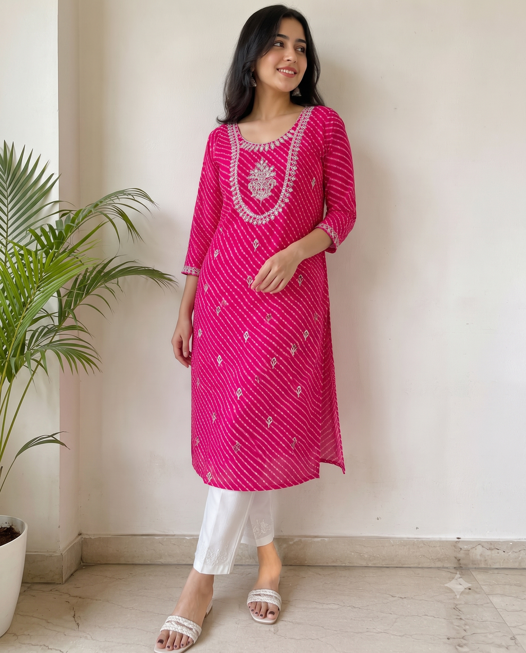 Rani Pink Leheriya Georgette Kurta | Gota Patti & Zari Scoop Neck | Floral Buttis | Jaipur Trendzz