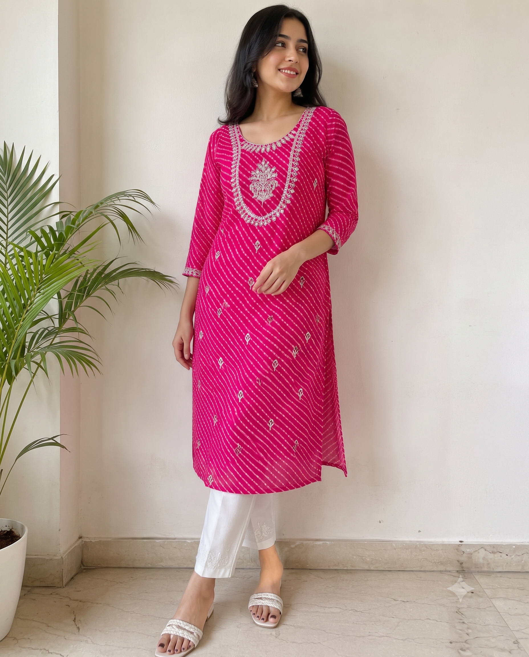 Rani Pink Leheriya Georgette Kurta | Gota Patti & Zari Scoop Neck | Floral Buttis | Jaipur Trendzz