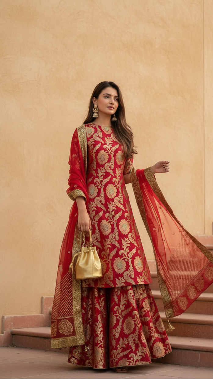 Regal Red Banarasi Brocade Sharara Set with Gold Zari