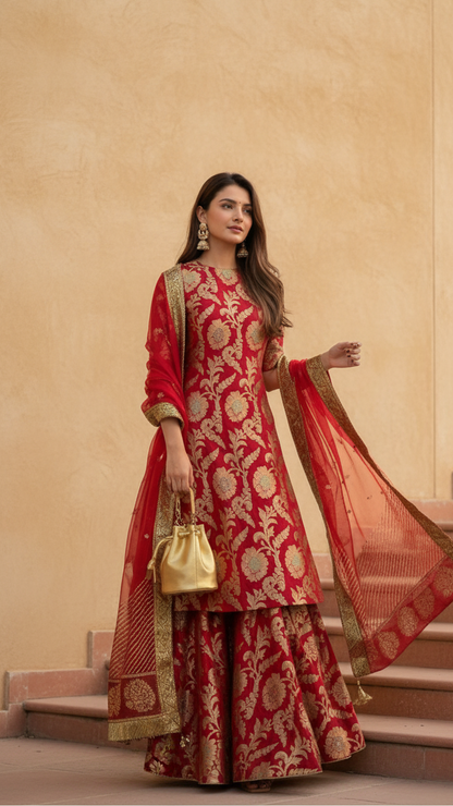 Regal Red Banarasi Brocade Sharara Set with Gold Zari