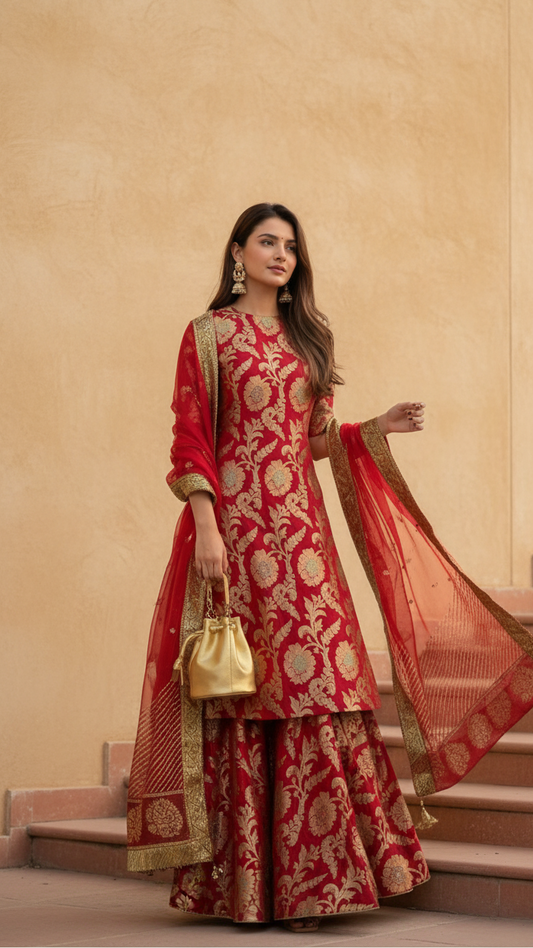 Regal Red Banarasi Brocade Sharara Set with Gold Zari