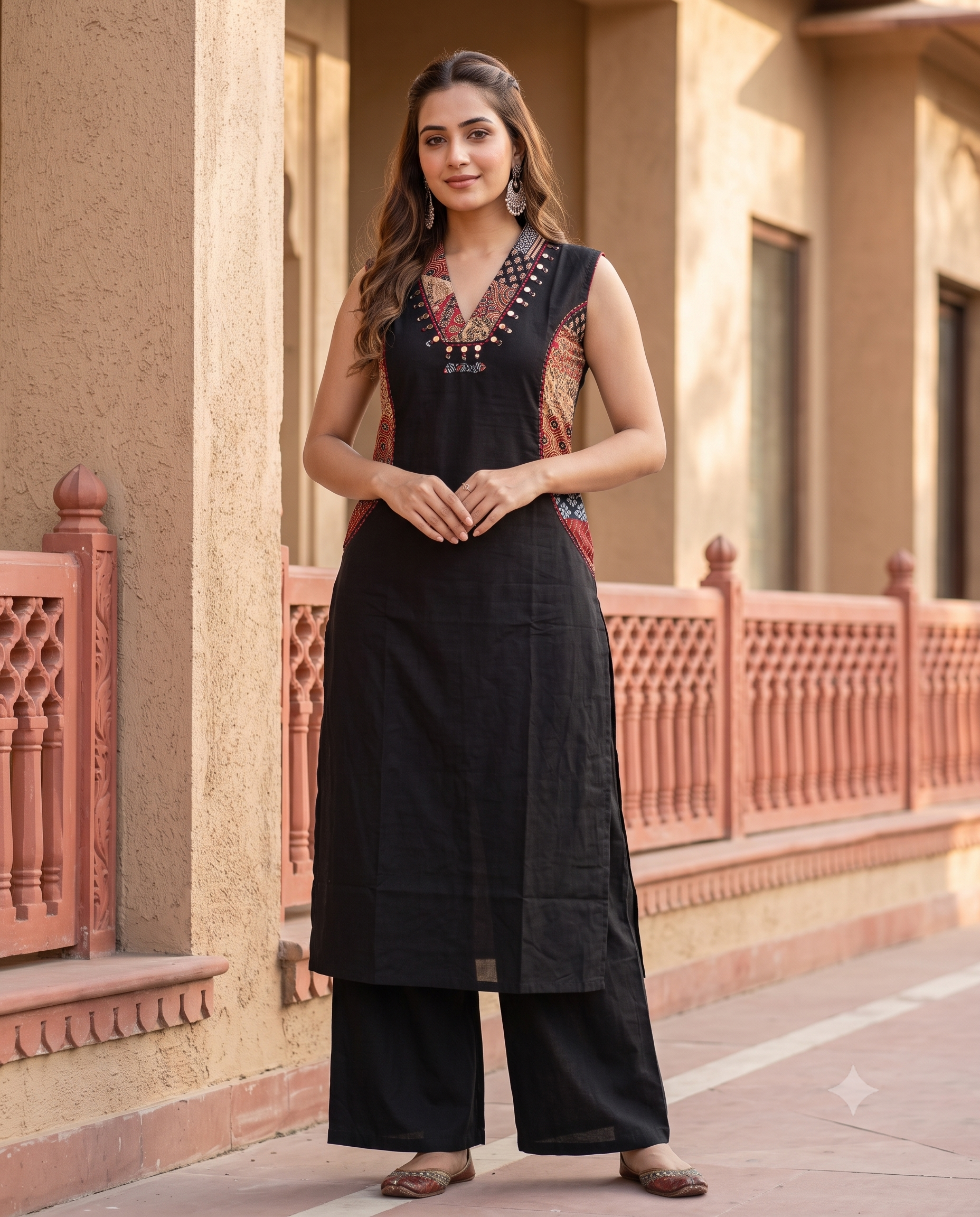 Black Cotton Kurta with Block Print Side Panels & Wide-Leg Palazzo Set | Jaipur Trendz