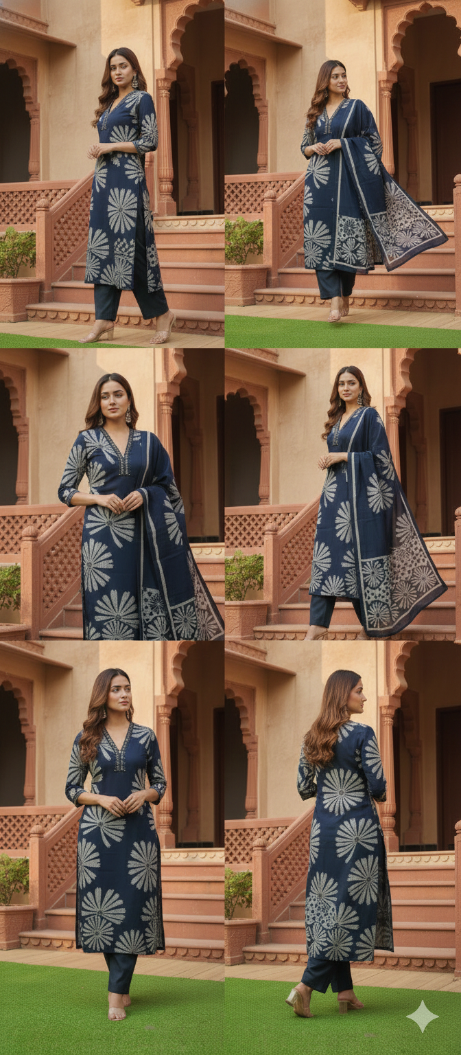 Hand-Block Printed Kurta Set with Kota Doria Dupatta
