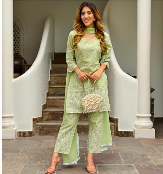 Green Color Chikankari Embroidered Kurta Set With Dupatta