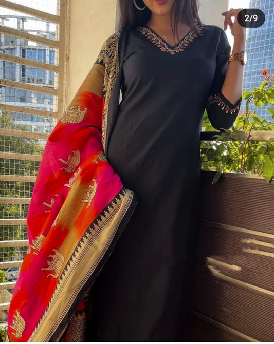 Black Cotton Kurta Pant And Dupatta Set