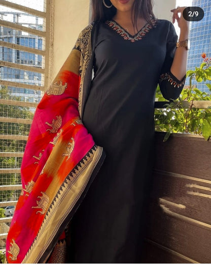 Black Cotton Kurta Pant And Dupatta Set