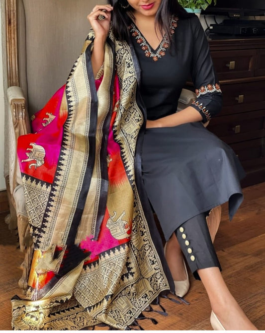 Black Cotton Kurta Pant And Dupatta Set
