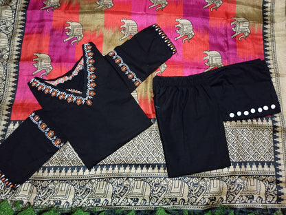 Black Cotton Kurta Pant And Dupatta Set