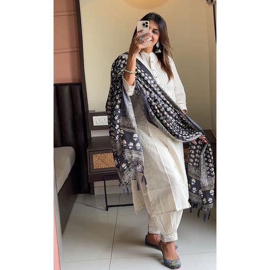 Off White Pure Cotton Khadi Kurta Set