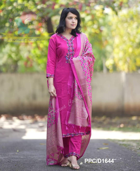 Heavy Cotton Embroidery Work Suit Set With Art Silk Dupatta Pink Color