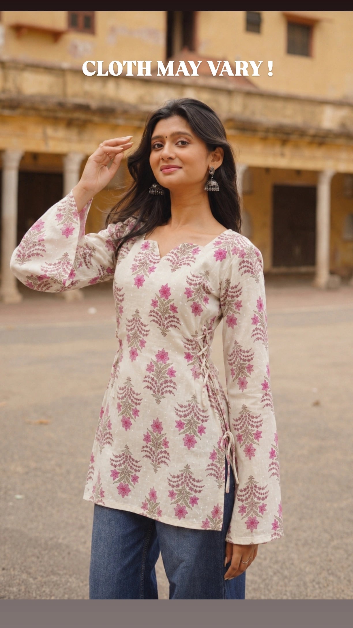 Syahi | Ivory & Blue Bell Sleeve Block Print Short Kurti