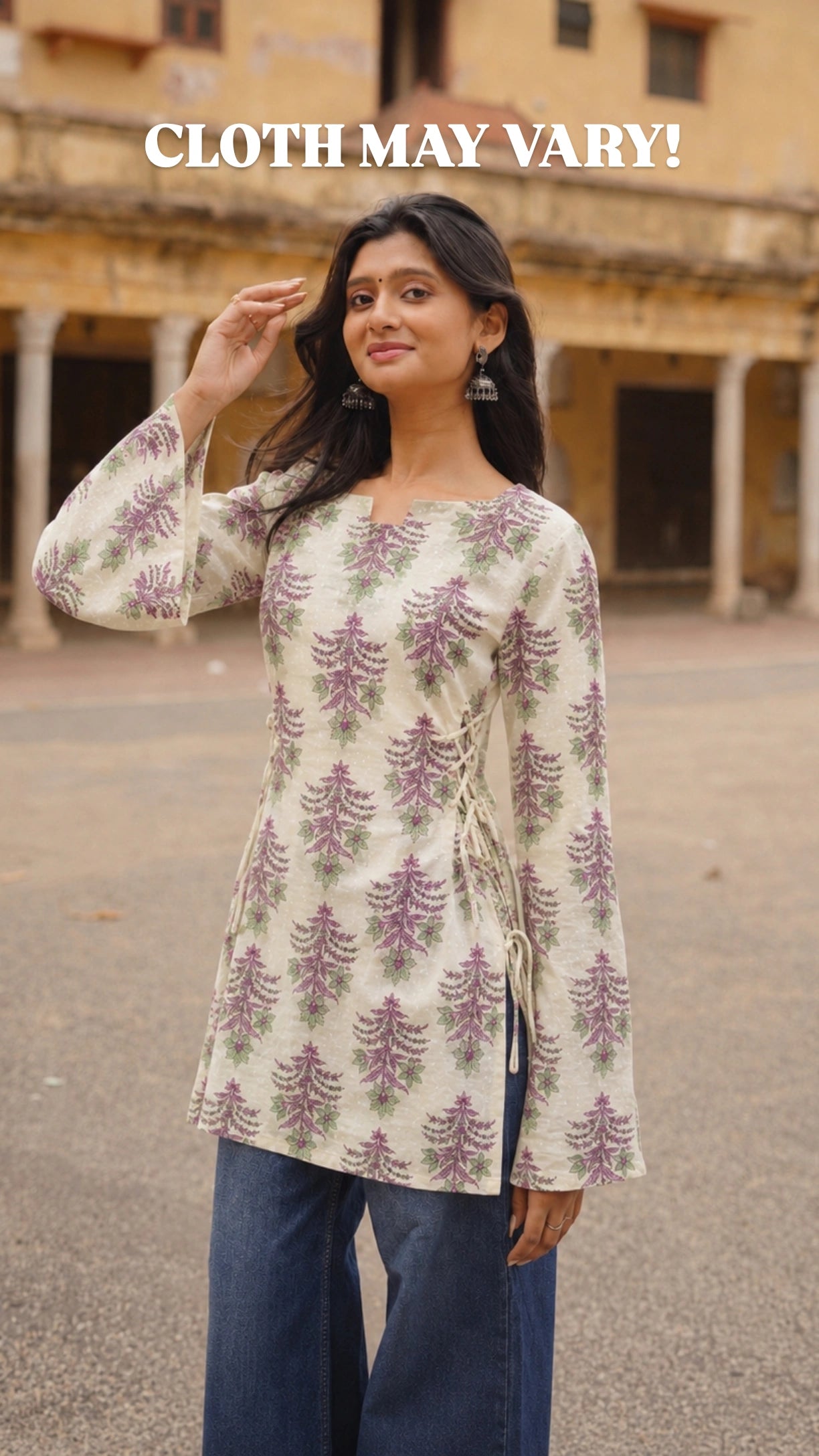 Syahi | Ivory & Blue Bell Sleeve Block Print Short Kurti