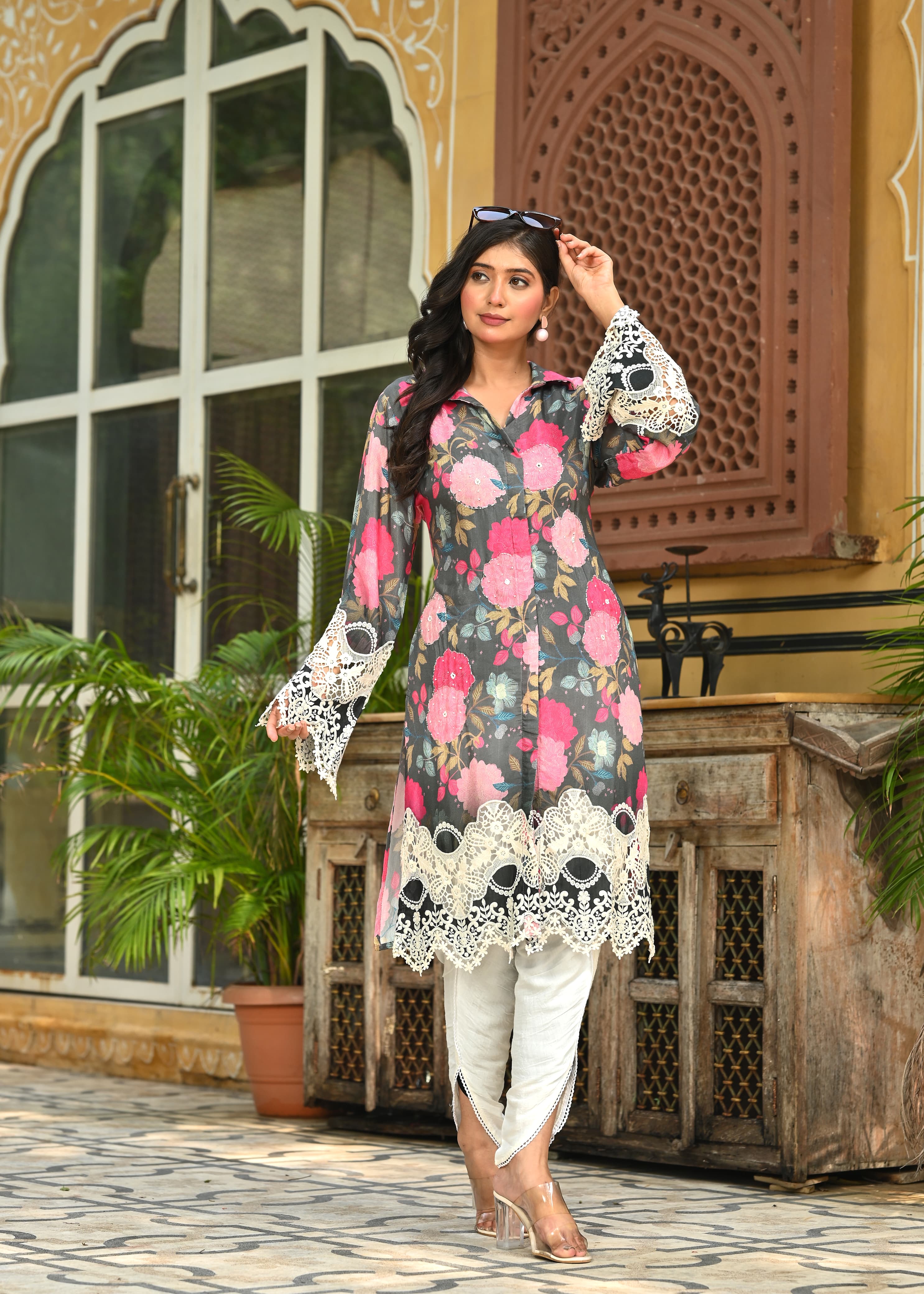 Abstract Floral Printed Embroidered Straight Fit Kurta with Dhoti Pant - Multi