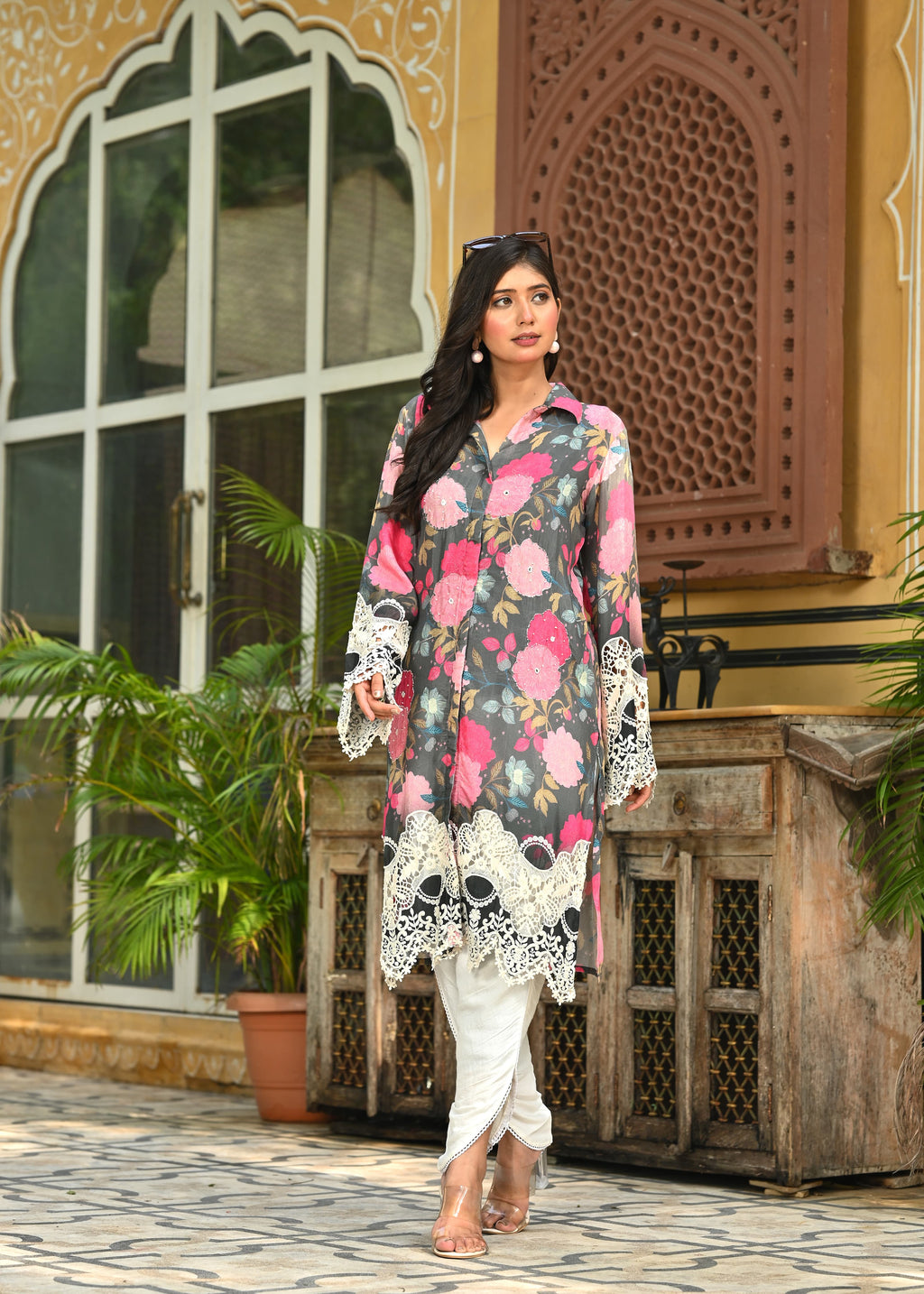 Abstract Floral Printed Embroidered Straight Fit Kurta with Dhoti Pant - Multi