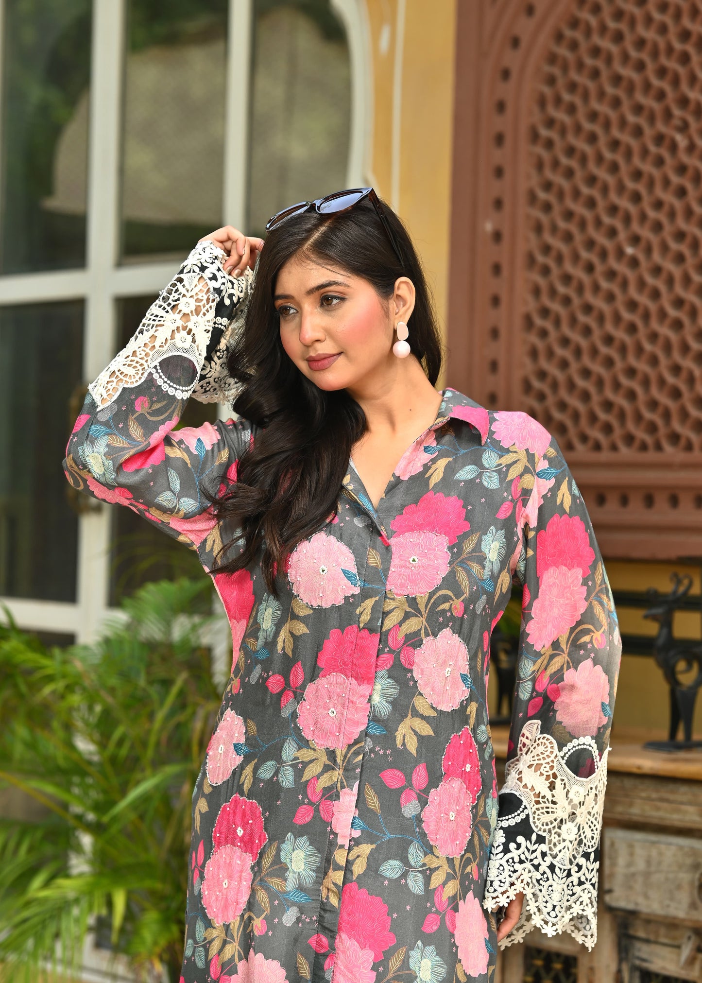 Abstract Floral Printed Embroidered Straight Fit Kurta with Dhoti Pant - Multi