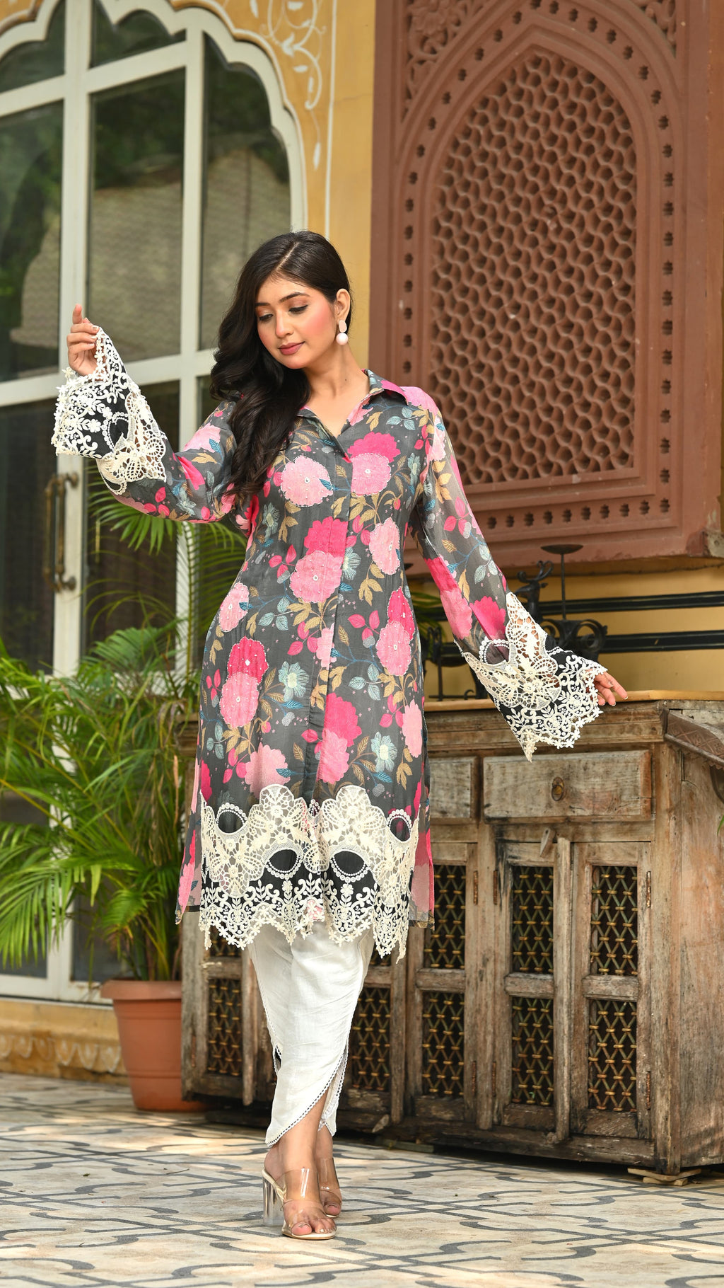 Abstract Floral Printed Embroidered Straight Fit Kurta with Dhoti Pant - Multi