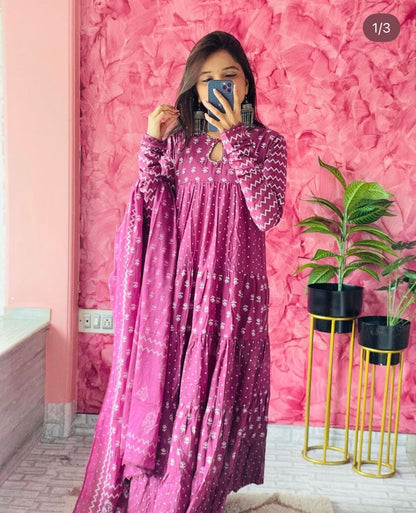 Refined Cotton Silk Kurti And Churidar With Coordinated Dupatta