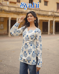 Syahi | Ivory & Blue Bell Sleeve Block Print Short Kurti