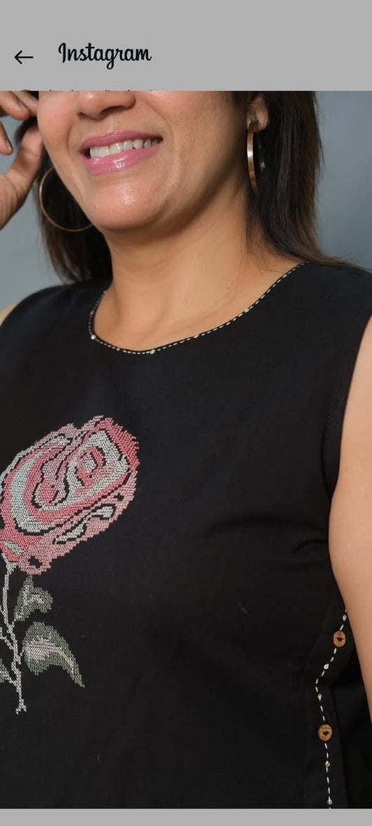 Sleeves Less Cotton Embroidery Kurta Set