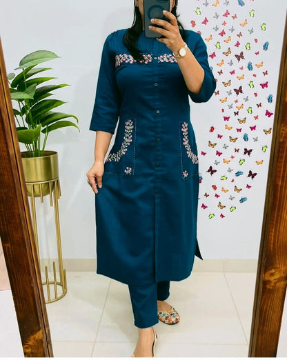 Stylish Embroidered Cotton Kurti With Pant Set