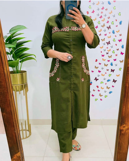 Stylish Embroidered Cotton Kurti With Pant Set