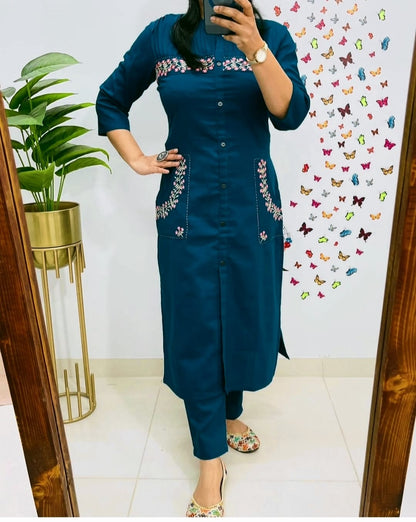 Stylish Embroidered Cotton Kurti With Pant Set
