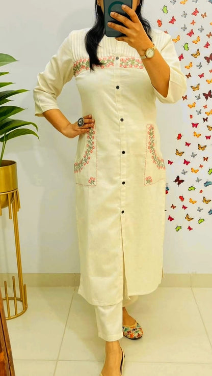 Stylish Embroidered Cotton Kurti With Pant Set