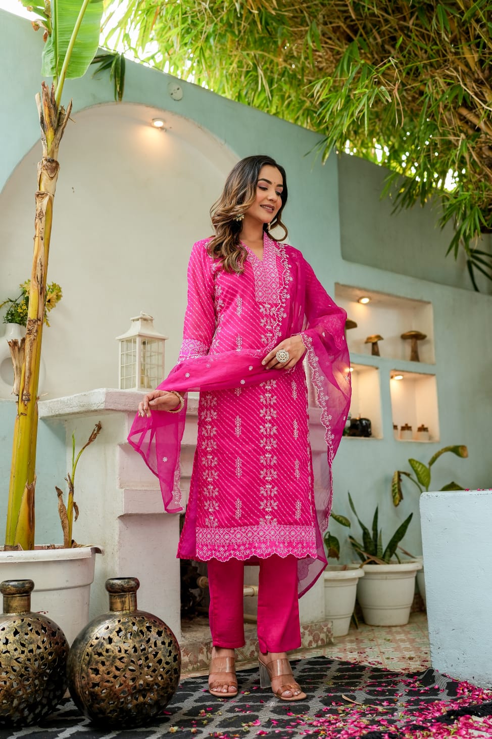 Pink Mothra Leheriya Georgette Kurta Pant Dupatta Set In Thread Work