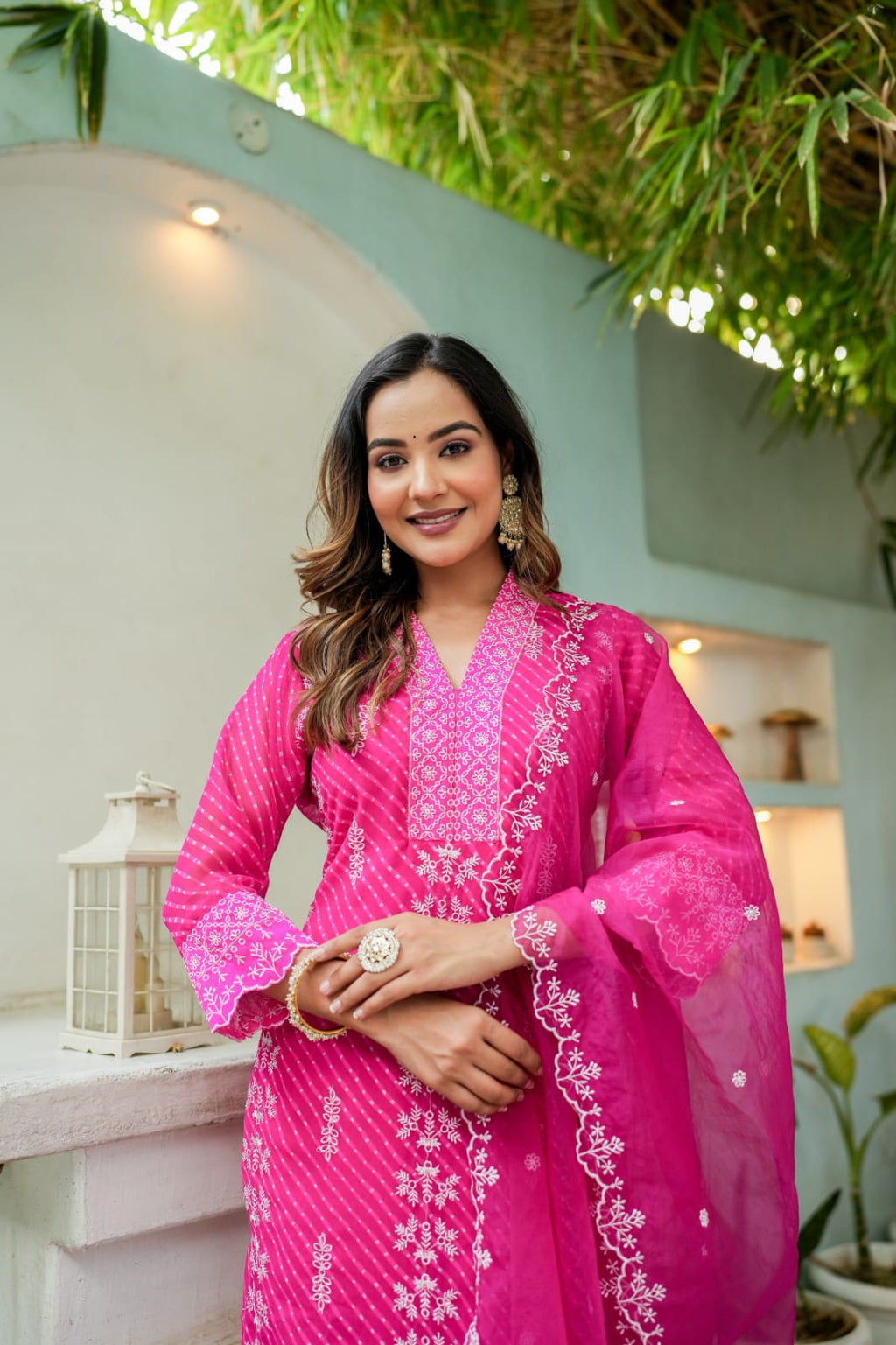 Pink Mothra Leheriya Georgette Kurta Pant Dupatta Set In Thread Work