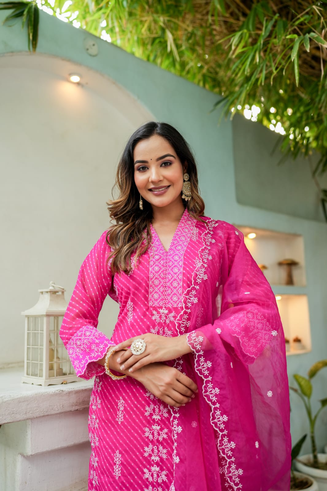 Pink Mothra Leheriya Georgette Kurta Pant Dupatta Set In Thread Work