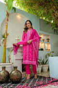 Pink Mothra Leheriya Georgette Kurta Pant Dupatta Set In Thread Work