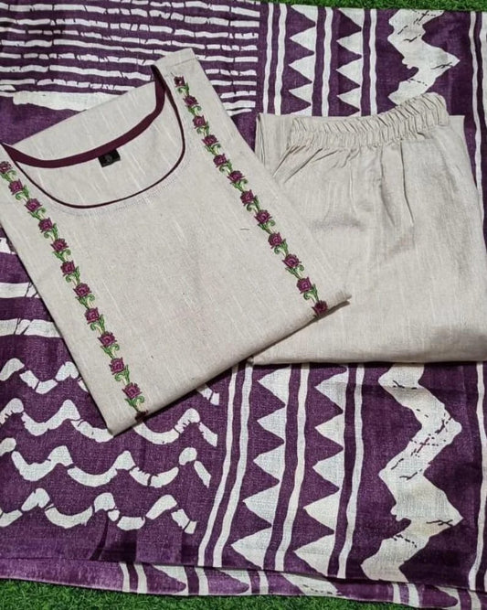 White And Purple Handloom Cotton Kurta Pant And Khadi Silk Ikkat Print Dupatta  Set