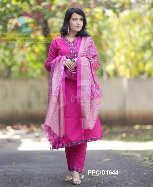 Heavy Cotton Embroidery Work Suit Set With Silk Dupatta