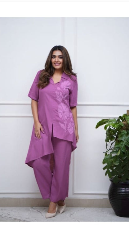 Stunning Embroidered Cotton Cord Sets (Lavender Color)