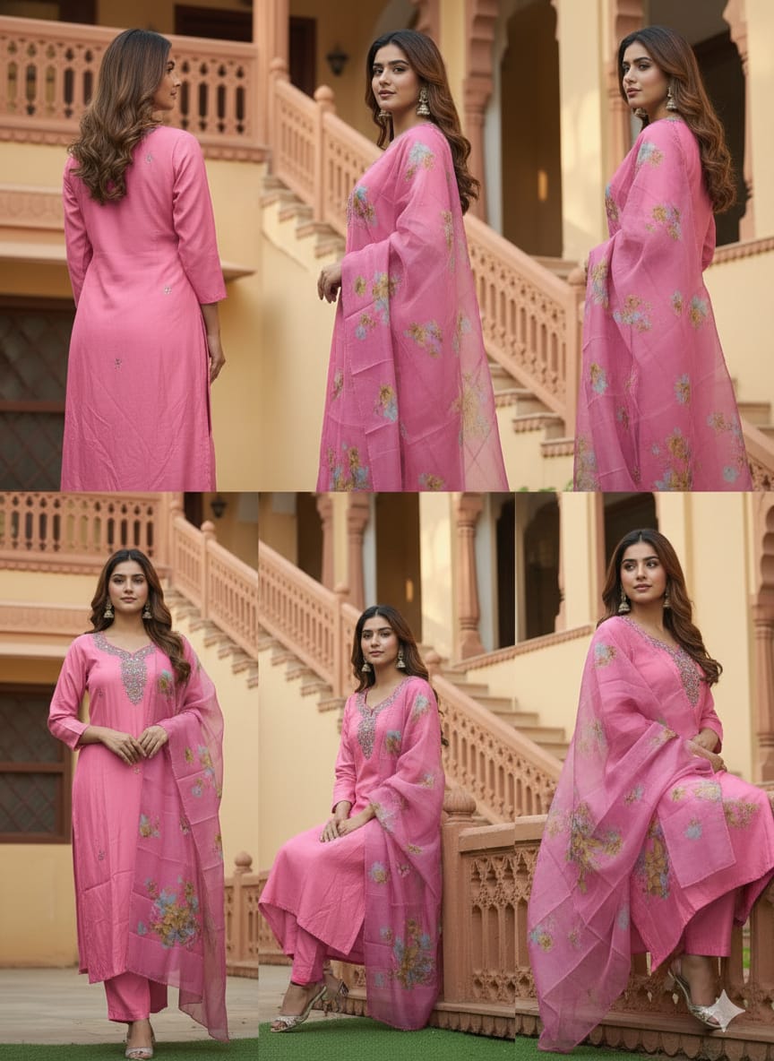 Heavy Silk 3 Piece Set With Organza Dupatta
