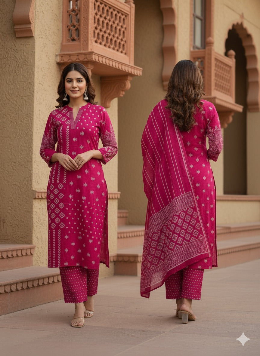 Pure Cotton 3 Piece Set With Dupatta