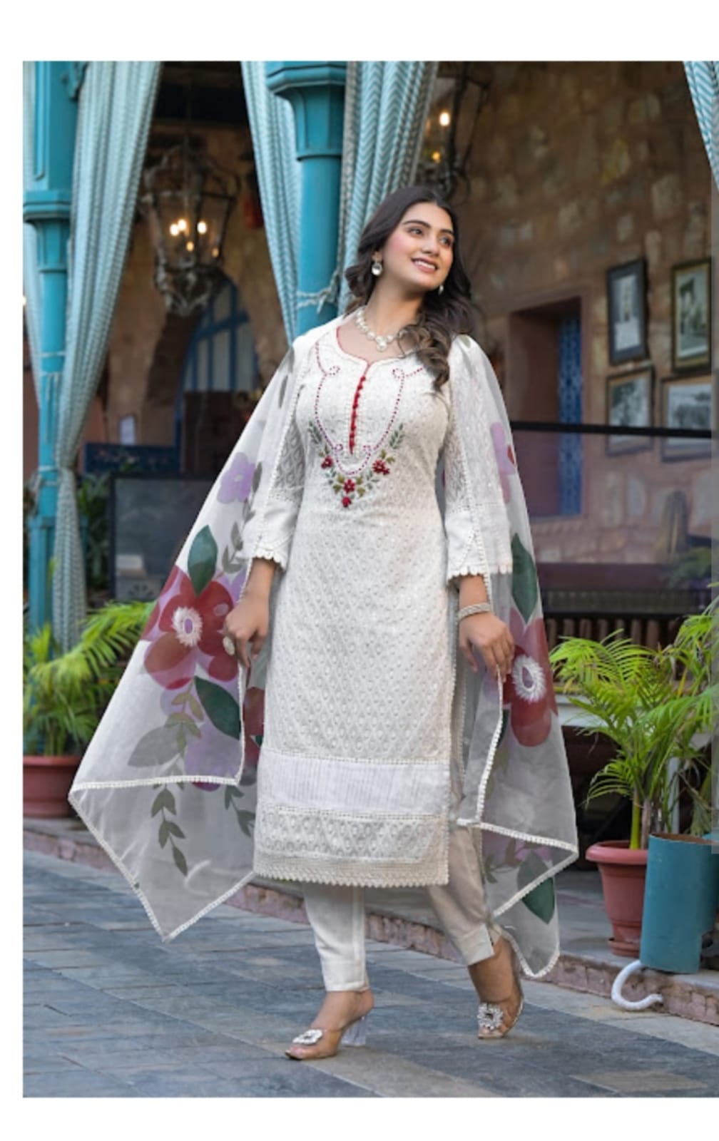 Chic Georgette Kurta with Handwork and Organza Brush Dupatta